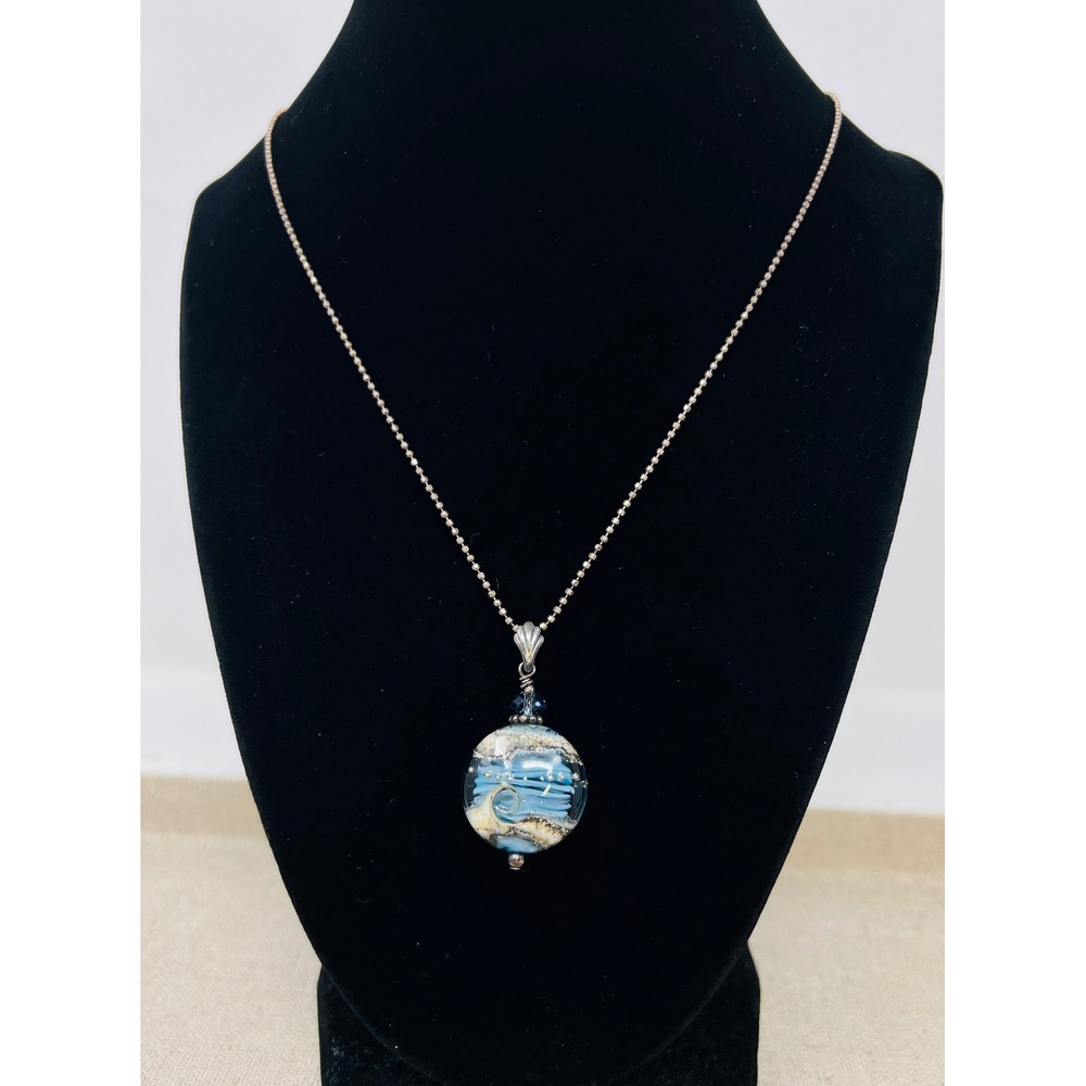 Sterling Silver Blue Swirl Artisan Lampwork Glass Ocean Wave Pendant Necklace
